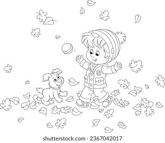 Happy little boy and his merry pup playing with a small ball among fallen leaves on a walk in an autumn park, black and white outline vector cartoon illustration for a coloring book page