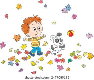 Happy little boy and his merry puppy playing with a small ball among colorful swirling and fallen leaves on a walk in an autumn park, vector cartoon illustration isolated on a white background