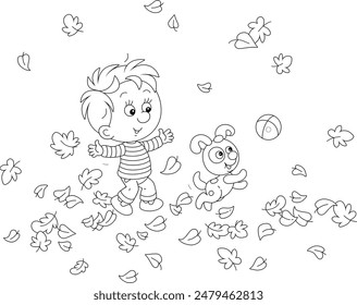 Happy little boy and his merry puppy playing with a small ball among swirling and fallen leaves on a walk in an autumn park, black and white vector cartoon illustration for a coloring book