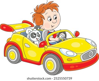 Niño feliz y su cachorro jugando en un coche deportivo de juguete en un patio de recreo en un parque, ilustración de dibujos animados de Vector sobre un fondo blanco