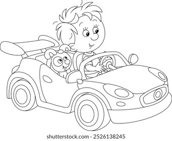 Niño feliz y su cachorro jugando en un coche deportivo de juguete en un patio de recreo en un parque, ilustración de dibujos animados de Vector de contorno en blanco y negro para un libro para colorear