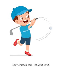 Happy Little Boy Hitting a Golf Ball with a Golf Club with Smiling Expression
