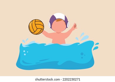 Niño feliz sostiene una bola de waterpolo en una piscina cuando juega. Concepto de waterpolo. Ilustración vectorial.