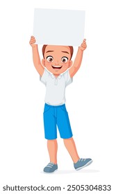 Happy little boy holding a blank banner. Cartoon vector illustration isolated on white background.