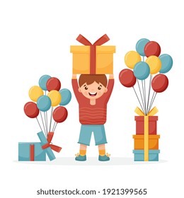 Happy little boy holding a box with gifts. There are gifts with balloons nearby. Character for design of birthday invitation, surprise. Cartoon flat illustration isolated on white background. 