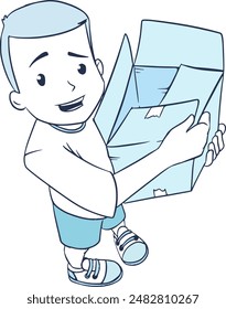 Happy little boy holding box line color vector illustration