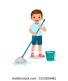 Happy little boy holding mop and bucket cleaning floor doing housework chore