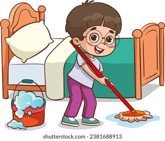 Happy little boy holding mop and bucket cleaning floor doing housework chore