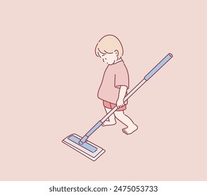 Happy little boy holding mop. Hand drawn style vector design illustrations.