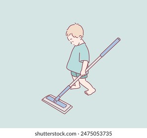 Happy little boy holding mop. Hand drawn style vector design illustrations.