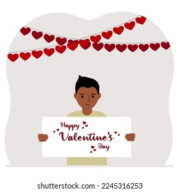 Happy little boy holding a poster with text Happy Valentine's Day and red hearts. Love concept. Happy Valentine's Day wallpaper, poster, postcard or congratulation. Vector flat illustration