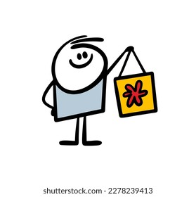 Happy little boy holds shopping bag with flower print. Vector illustration of funny stickman buyer with gift for  the birthday.