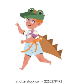 Happy Little Boy in Homemade Cardboard Gator Costume Playing and Having Fun Vector Illustration