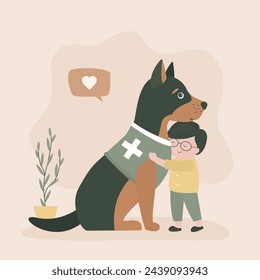 Niño feliz abrazando perro adorable. Diseño de banner o tarjeta para terapia con animales y rehabilitación asistida por animales para niños. apoyo emocional animal, terapia con mascotas. ilustración vectorial de dibujos animados plana