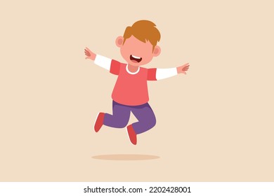 Happy little boy jump and fly. Cheer up pose concept. Flat vector illustrations isolated. 