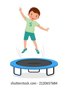 happy little boy jumping on a trampoline having fun playing outdoor sport activity