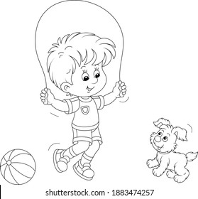 Happy little boy jumping rope with his small cute pup, black and white outline vector cartoon illustration for a coloring book page