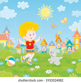 Happy little boy jumping rope with his cute and merry pup in a green summer park of a small town, vector cartoon illustration