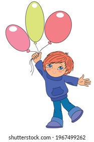 Happy little boy keeps vector balloons isolated. Doodle illustration of a happy child playing with colorful balloons. Nice boy .
