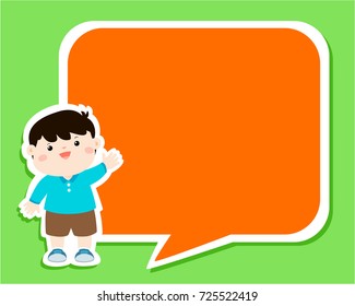 Happy little boy kid with empty speech bubble cartoon vector illustration.