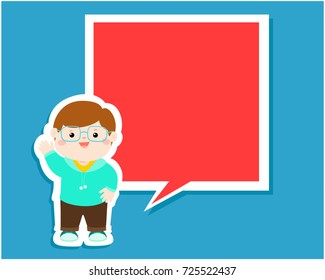 Happy little boy kid with empty speech bubble cartoon vector illustration.