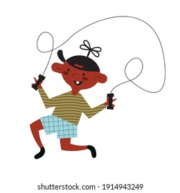 happy little boy kid jumping rope character vector illustration design