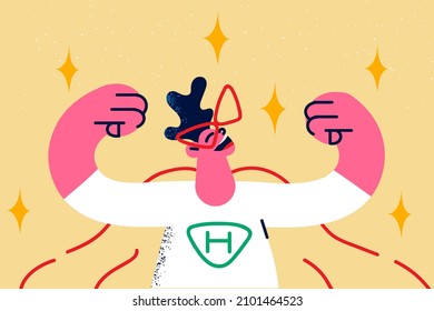 Happy little boy kid show biceps act as superhero. Smiling cute small child feel powerful as hero celebrate win or victory. Dream big. Success and power concept. Vector illustration. 
