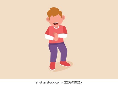 Happy little boy laugh so hard and holding belly. Cheer up pose concept. Flat vector illustrations isolated. 
