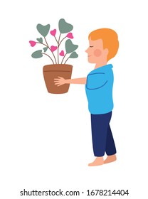 happy little boy lifting houseplant vector illustration design