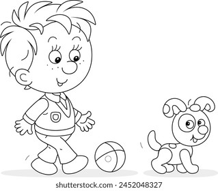 Happy little boy merrily walking and playing a ball with his spotted small puppy, black and white outline vector illustration for a coloring book