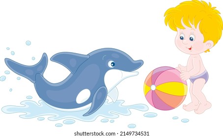 Happy little boy and a merry playful dolphin playing a colorful ball on a summer beach beside a sea, vector cartoon illustration isolated on a white background