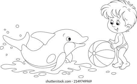 Happy little boy and a merry playful dolphin playing a big striped ball on a summer beach beside a sea, black and white outline vector cartoon illustration for a coloring book page