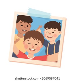 Happy Little Boy on Photo Card or Snapshot Sticking on the Wall Vector Illustration. Excited Kid with Raised Hands on Self-portrait Photograph Square Shot Concept