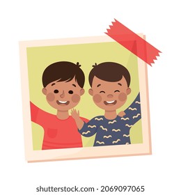 Happy Little Boy on Photo Card or Snapshot Sticking on the Wall Vector Illustration. Excited Kid with Raised Hands on Self-portrait Photograph Square Shot Concept