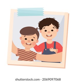 Happy Little Boy on Photo Card or Snapshot Sticking on the Wall Vector Illustration. Excited Kid with Raised Hands on Self-portrait Photograph Square Shot Concept