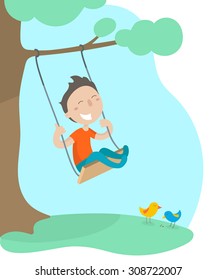 Happy little boy on a swing. Flat design. Vector illustration.