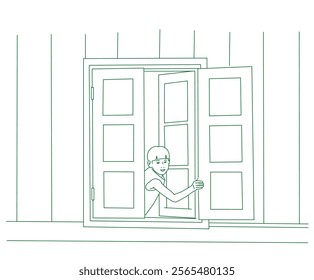 happy little boy open window in morning - vietnam