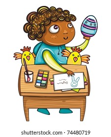 Niño feliz pintando los huevos de Pascua. Serie 4 para niños de la Semana Santa