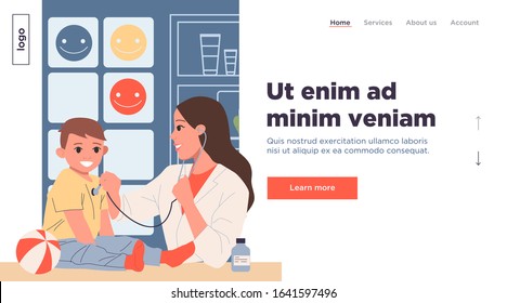 Happy little boy in pediatrician office. Doctor with stethoscope examining child flat vector illustration. Occupation, healthcare, childhood concept for banner, website design or landing web page