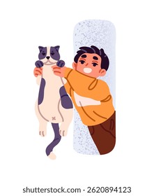 Menino feliz espiando pela janela e mostra seu gato bonito. Criança engraçada segura animal de estimação divertido em mãos. Garoto olhando por trás da parede com o gatinho. Ilustração de vetor isolado plano sobre fundo branco