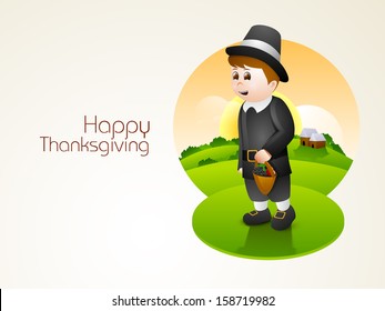 Happy little boy in pilgrim hat holding a basket full of fruits and fruits on morning nature background, can be use as flyer, banner or poster. 