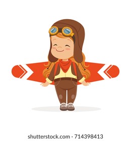 Happy little boy in pilot costume playing with wings, kid dreaming of piloting the plane vector Illustration