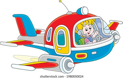 Happy little boy piloting a colorful toy high-speed jet plane on a playground, vector cartoon illustration on a white background