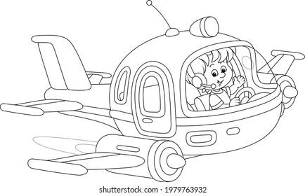 Happy little boy piloting a toy high-speed jet plane on a playground, black and white outline vector cartoon illustration for a coloring book page