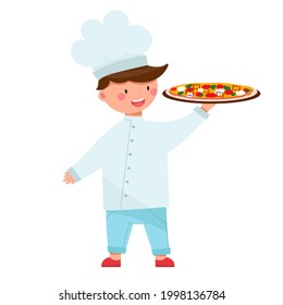 Happy little boy with pizza on plate. Cute smiling boy in chef uniform preparing homemade italian pizza. Cartoon style vector illustration, isolated on white.