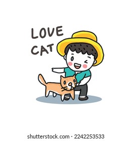 Happy little boy play with pet cat, freehand drawn vector on white background