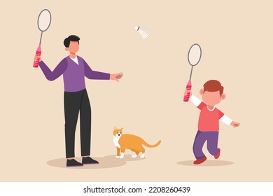 Happy little boy playing badminton with his dad. Family time concept. Colored flat graphic vector illustration isolated