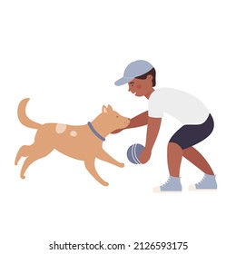 Niño feliz jugando pelota con su adorable cachorro. Pasar tiempo divertido con la ilustración de vector de dibujos animados domésticos amigables