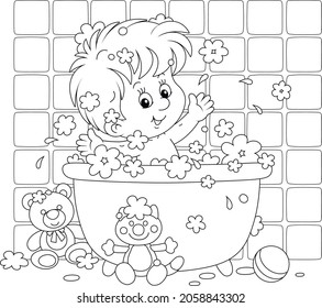 Happy kleiner Junge, der in einer Whirlpool spielt und in einem eigenen Badezimmer mit Schaumstoff bespritzt wird, schwarz-weißer Umriss-Vektorgrafik für eine farbige Buchseite