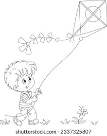 Niño feliz jugando con una cometa de juguete voladora en un parque de verano de vacaciones, dibujos animados de contorno blanco y negro para un libro de colorido